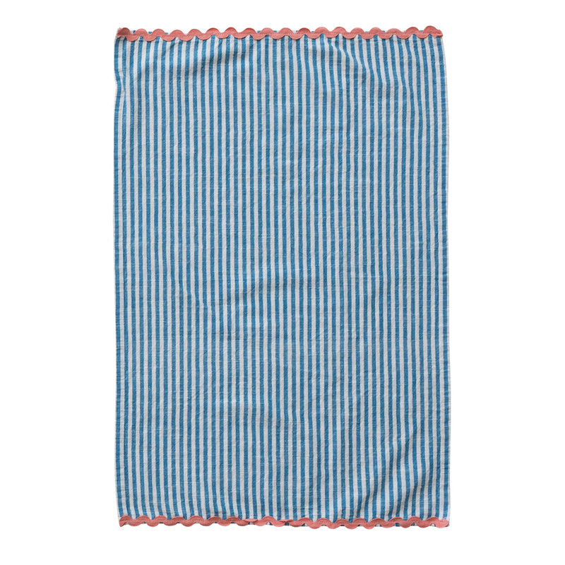 4-Piece Woven Cotton Striped Tea Towel With Ric Rac Trim