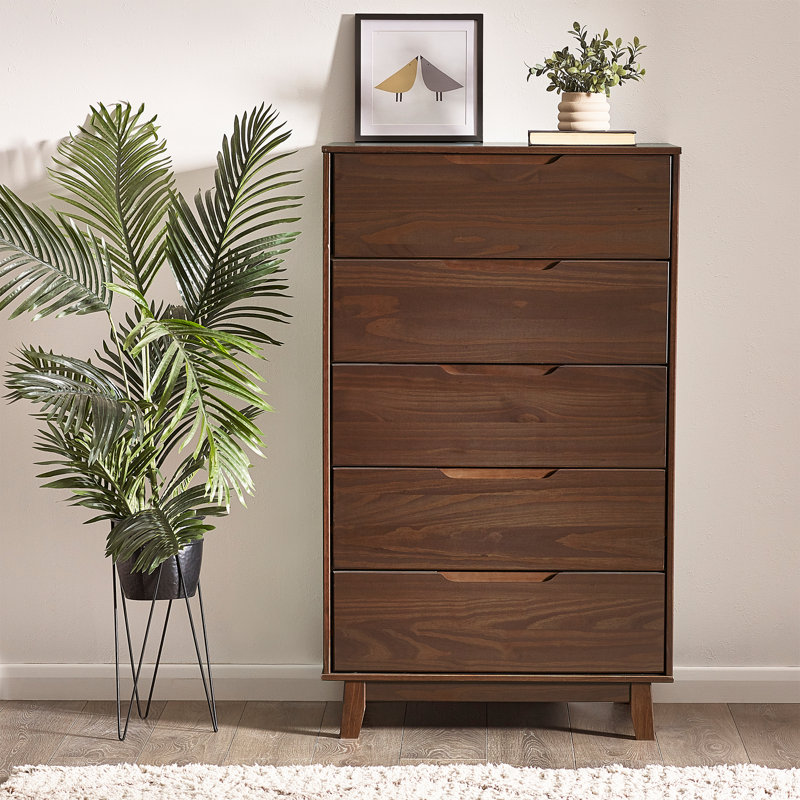 Jerred 5 Drawer Solid Wood Chest, Dark Walnut