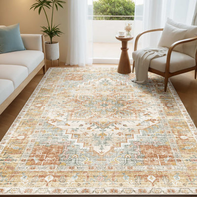 Tapis d'intérieur lavable vintage à poils courts Boho, orange Deyala