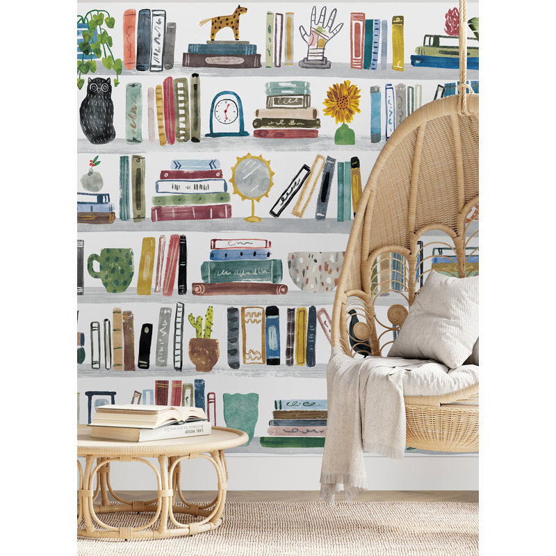 Colorful Pink and Yellow Bookshelf Peel and Stick Wall Mural