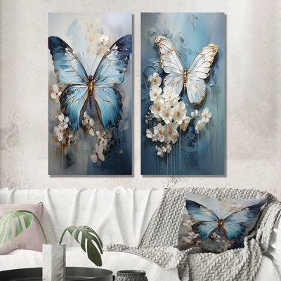 Butterfly Ethereal Blues Form Abstract Elegance - Ensemble de 2 décorations murales papillon en métal
