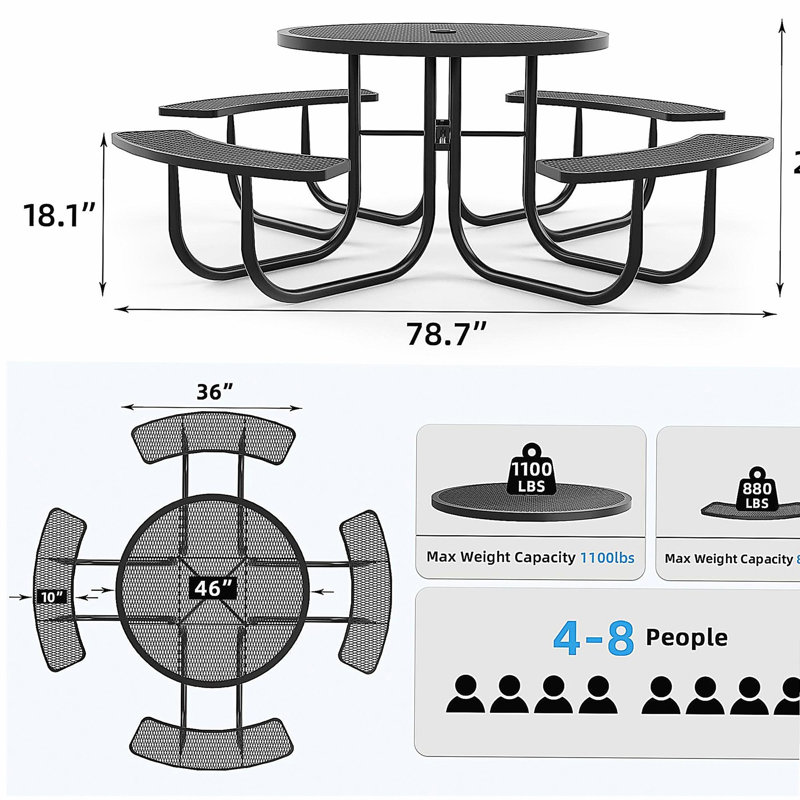 Table de pique-nique ronde de 46 pouces avec trou pour parasol