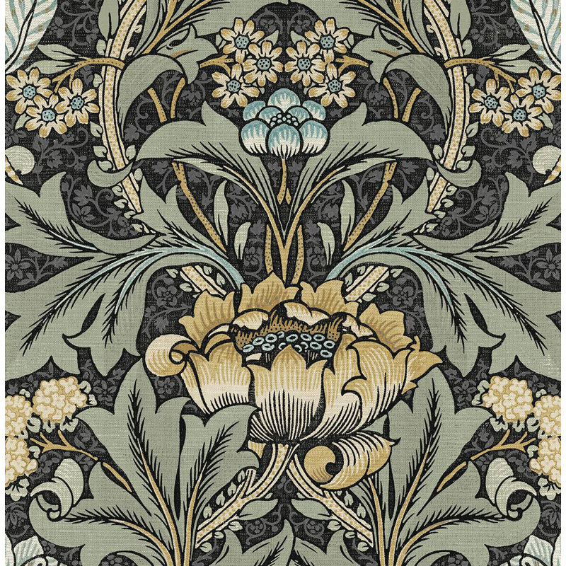 Papier peint floral Nakieshia, Gris anthracite / verge d'or