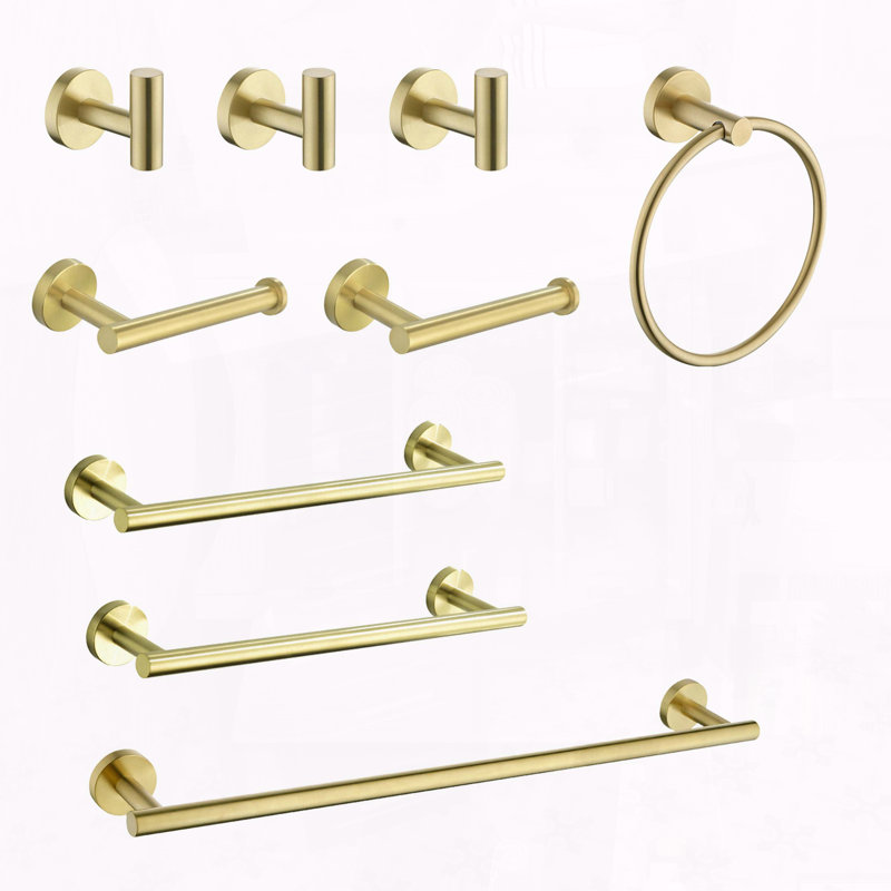 9-Piece Stainless Steel Bathroom Towel Rack Set – Wall Mount, Brushed Gold