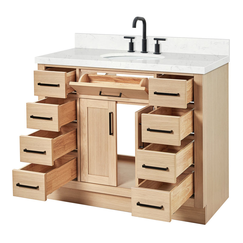 Meuble-lavabo simple en bois massif 42 po avec plateau en quartz Carrara de 1,5 po Thornaby, Chêne naturel / noir mat, Ovale