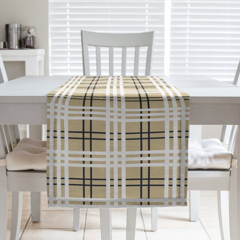 Chemin de table en polyester payant, L 90 po x l 16 po, Doré antique / noir / blanc