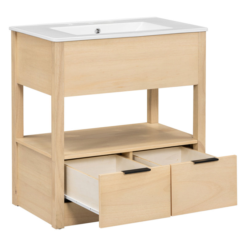 Meuble-lavabo 30 po avec comptoir d'évier, armoire de salle de bain avec tablette de rangement ouverte et deux tiroirs