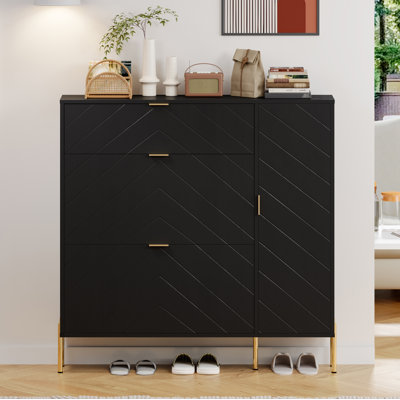 Shoe Storage Cabinet With Flip-Up Drawers And Shelves(Black)