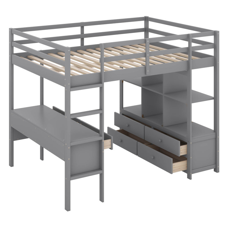 Lit mezzanine double avec bureau intégré, lit mezzanine peu encombrant avec deux tiroirs, tablettes et tiroirs de rangement, lit mezzanine pour enfants adolescents