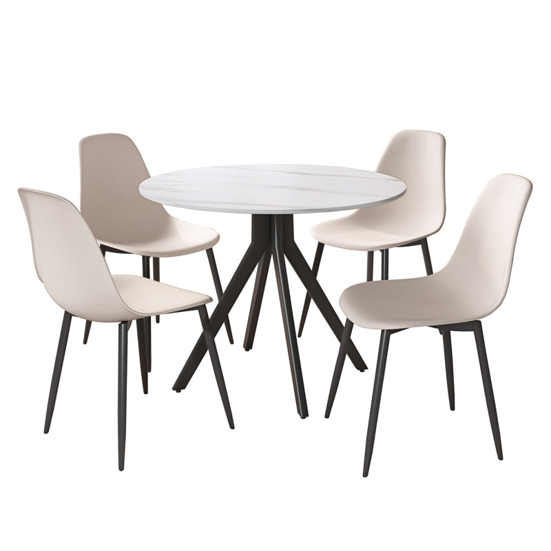 Aspen Gloss White Sintered Stone Round Table with 4 Plastic Curve Chairs - Modern Dining Set, Calico