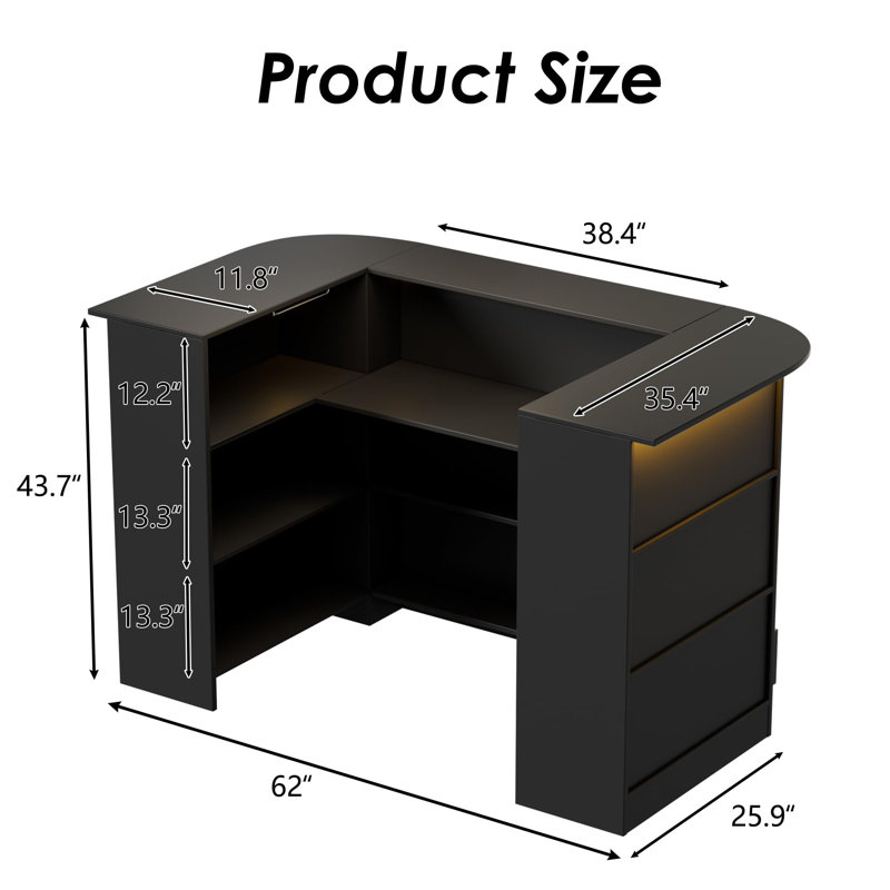 Bar moderne en forme de U à 3 niveaux avec lumières DEL et porte-verres à pied, noir, Black