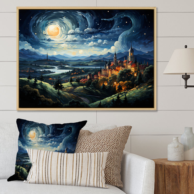 Masterpiece The Starry Day By Vincent I - Landscapes Canvas Wall Art, H 34 po x l 44 po, Cadre naturel flottant