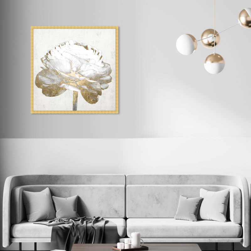 «Gold and Light Floral II» blanc - peinture encadrée sur papier, H 32 po x l 32 po, Doré