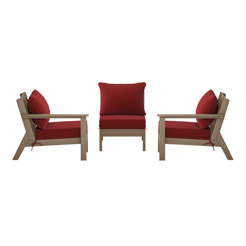 3-Piece Deep Seating Set With Cushions, Light Brown, Red