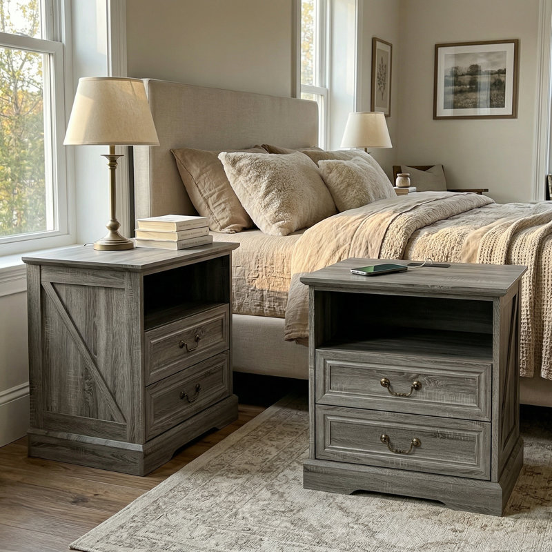 Table de chevet 2 tiroirs avec 1 tablette et 2 tablettes, Gris