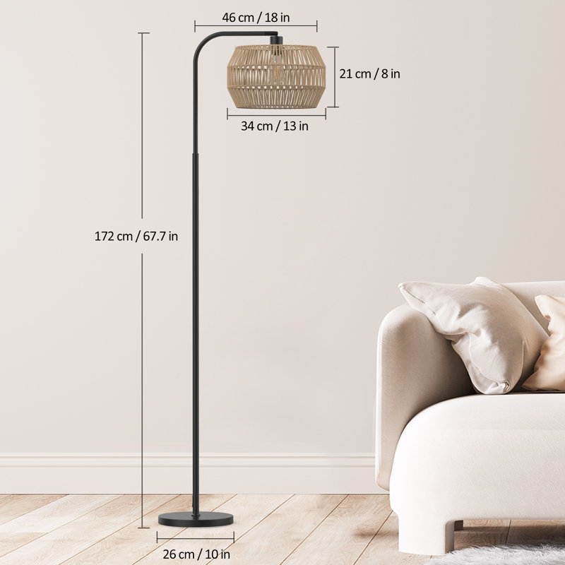 Lampe sur pied arquée en rotin Bhakti avec télécommande et ampoule incluse