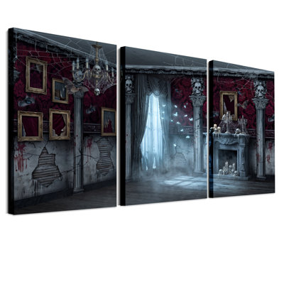 Chambre gothique avec papier peint rouge et ensemble de 3 toiles murales d'Halloween