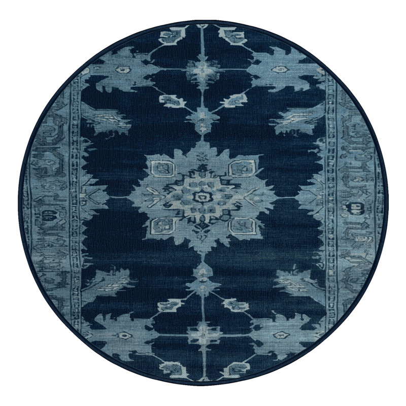 Tapis bleu lavé à la machine, Rond 3 pi