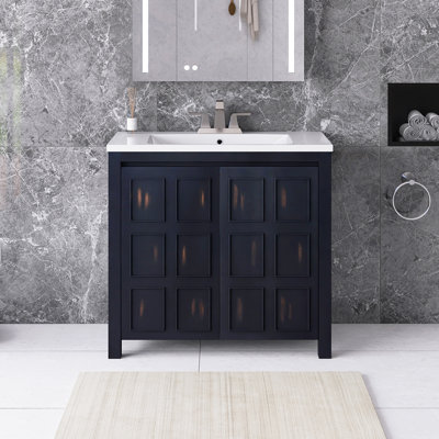 36 po Meuble-lavabo autoportant espresso avec plateau en céramique blanche non assemblé