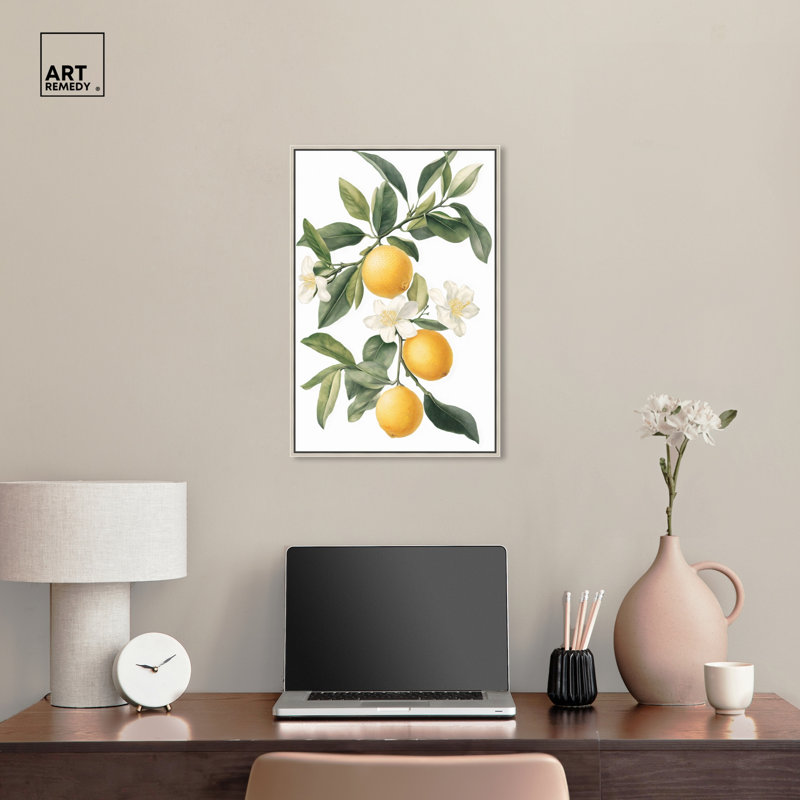«Lemon and Leaf Fusion II», reproductions sur toile par Art Remedy, H 25 po x l 17 po, Cadre flottant argent