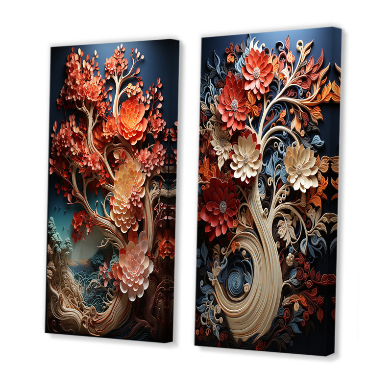 Coral Organic Tree Harmony - Ensemble de 2 décorations murales séquoia, H 28 po x l 25 po, Toile tendue
