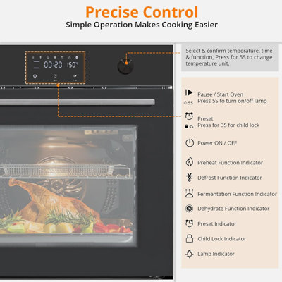 24" Built-in Electric Oven - Convection Single Wall Oven with 8 Cooking Modes, 108 Smart Menus, 2.5 Cu.ft Capacity, Stainless Steel, Touch Control, Timer, Safety Lock, 3000W, 240V