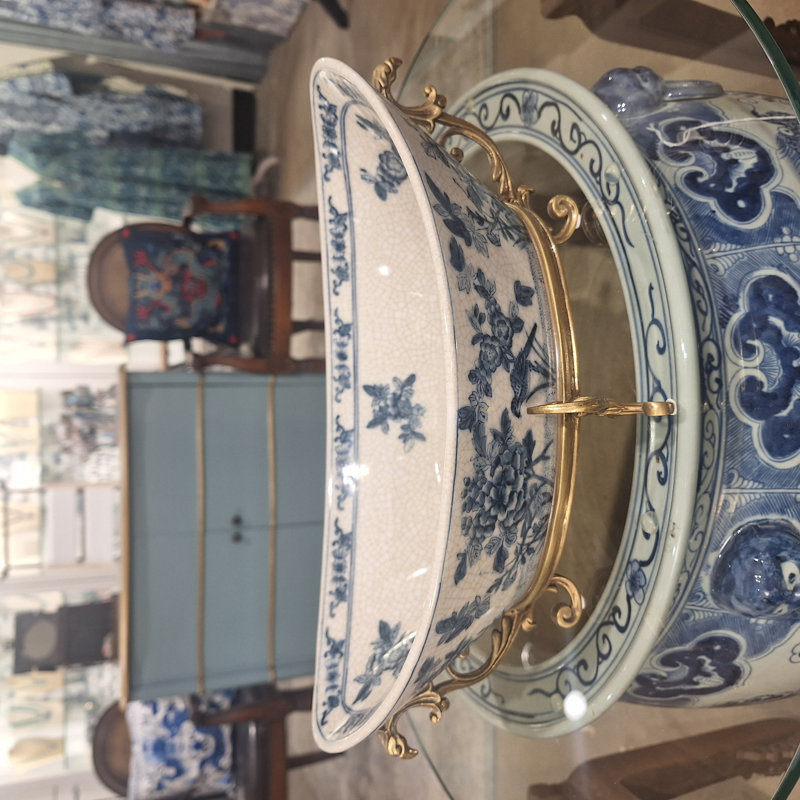 Blue White Floral Bird Oval Basin