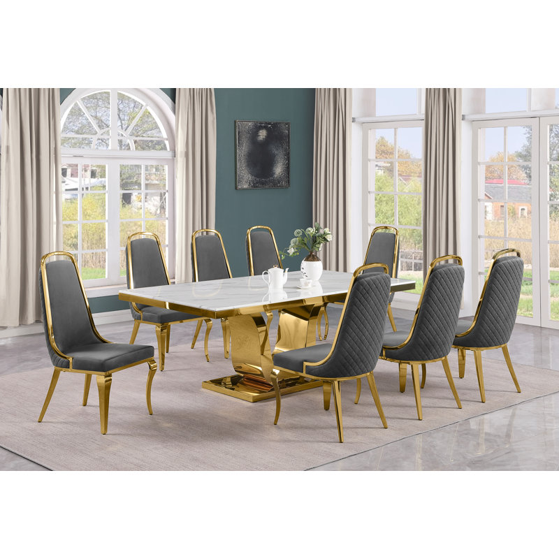 Kimoria Marble Top Pedestal Dining Set, Gray, 9