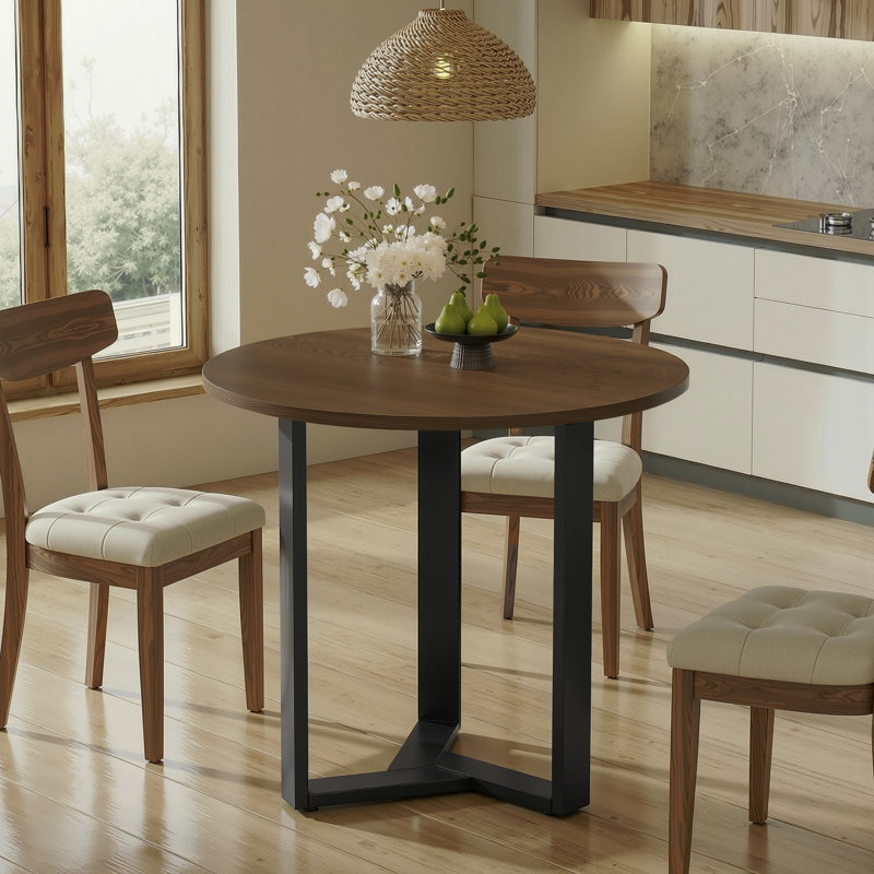 Jinay Round Solid Wood Base Dining Table, Brown/Black