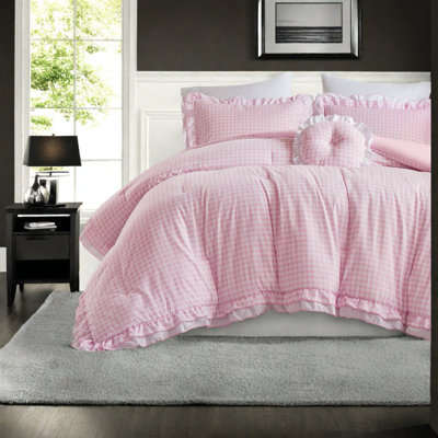 Romantic Microfiber Bedding Set, Pink Comforter With Dual Ruffles, Full/queen Size For Cozy Bedrooms