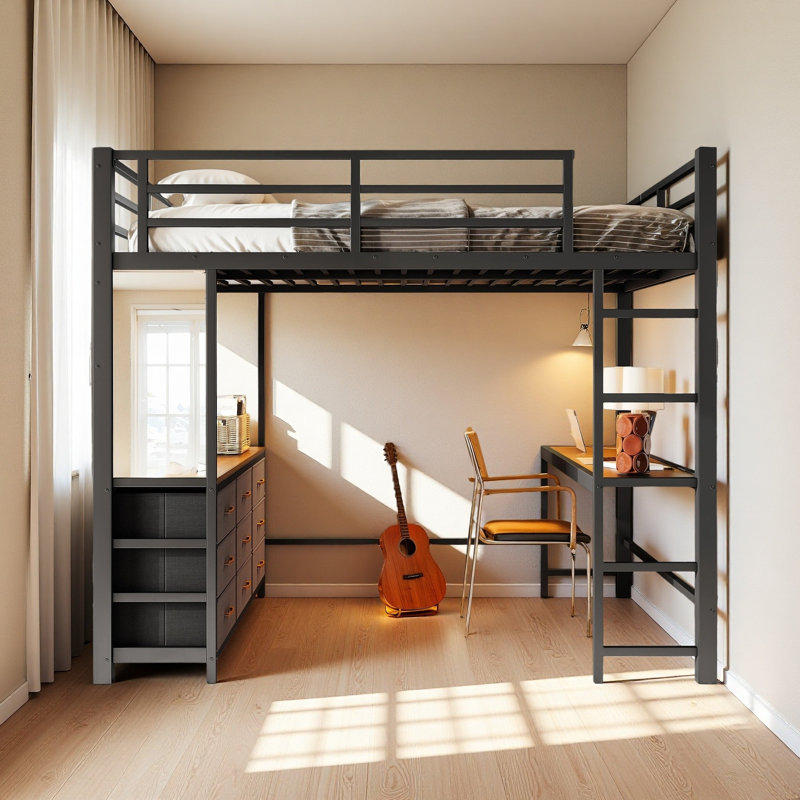 Lit mezzanine double avec bureau, lit mezzanine avec tiroirs, lit mezzanine avec lumière DEL et USB, structure de lit mezzanine robuste, lit mezzanine avec miroir, lit mezzanine multifonctionnel pour adolescents.