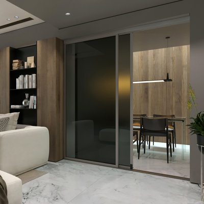2 Panel Smoked Frosted Glass Sliding Room Divider – Aluminum Frame with Silent Glide Technology