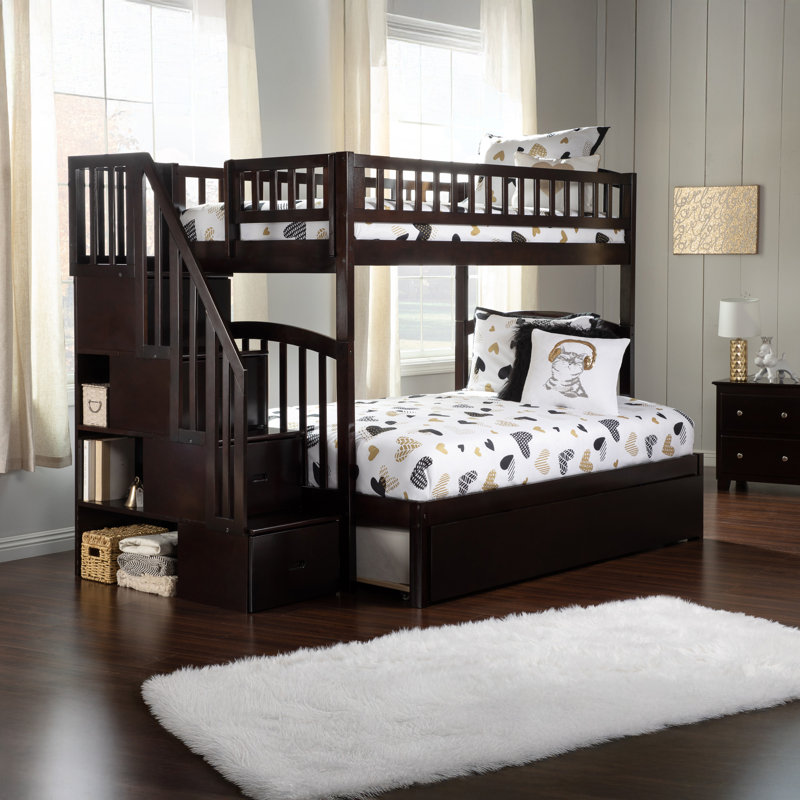 Jaxson Twin Over Full Solid Wood Staircase Bunk Bed with Trundle, Twin/Full, Espresso