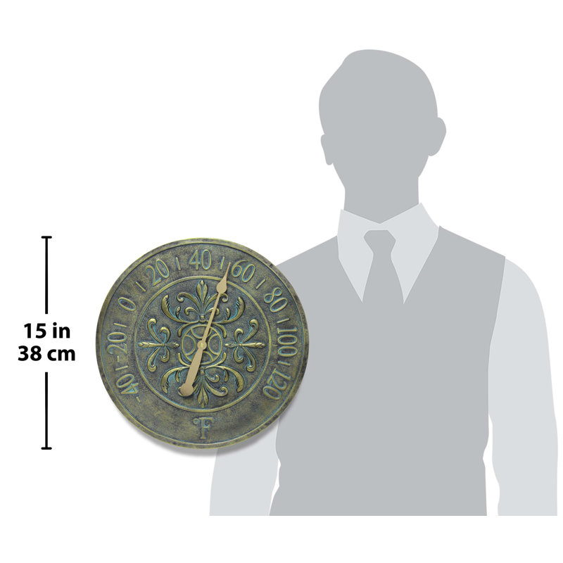 Thermomètre d'extérieur rond Blanc Fleur 15 pouces, Bronze vieilli