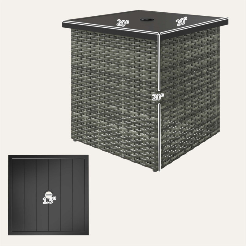 Square Outdoor End Table With Umbrella Hole, Durable Wicker Side Table For Patio And Garden Use, Gray