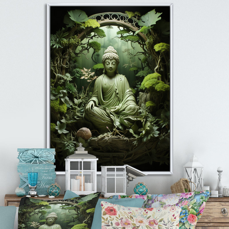 «Boxleye Green Buddhism Bodhi Tree II», reproduction d'art sur toile, H 20 po x l 12 po x P 1 po, Cadre flottant blanc