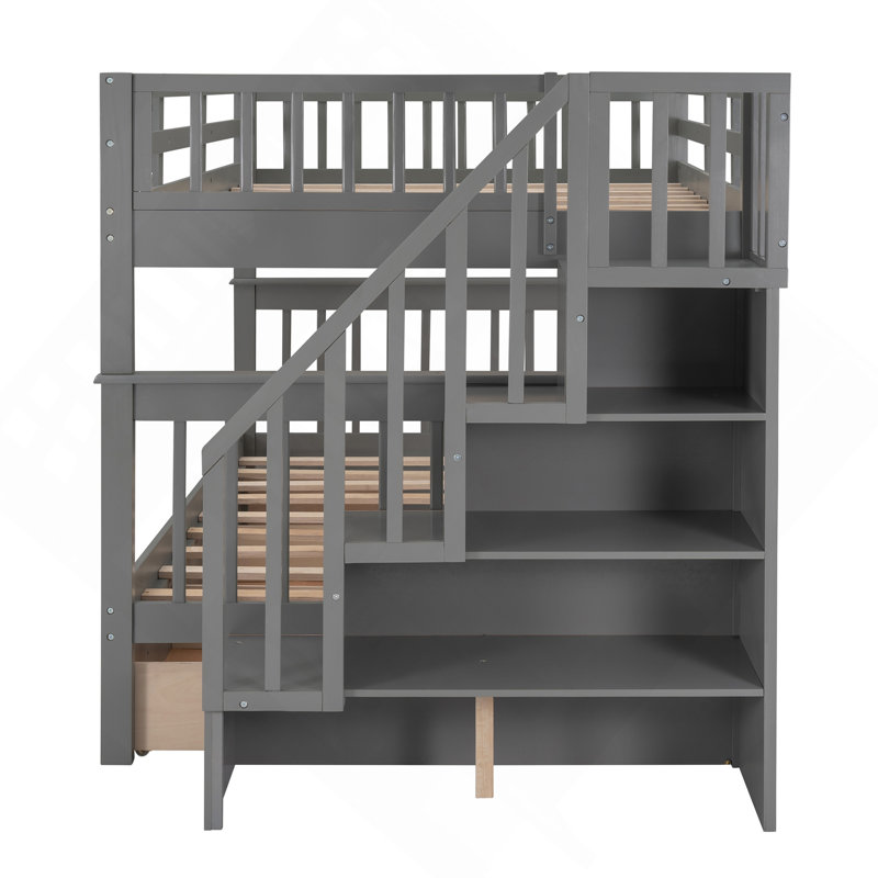 Lit superposé en escalier avec tiroir, rangement et garde-corps pour chambre à coucher, Gris