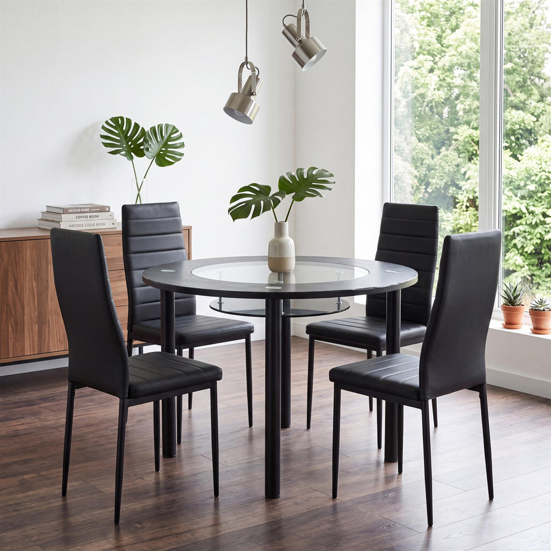 B&Q - Round Glass Black Kitchen Dining Table With Storage Shelf And 4 Black Metal Chairs Set - Image 5