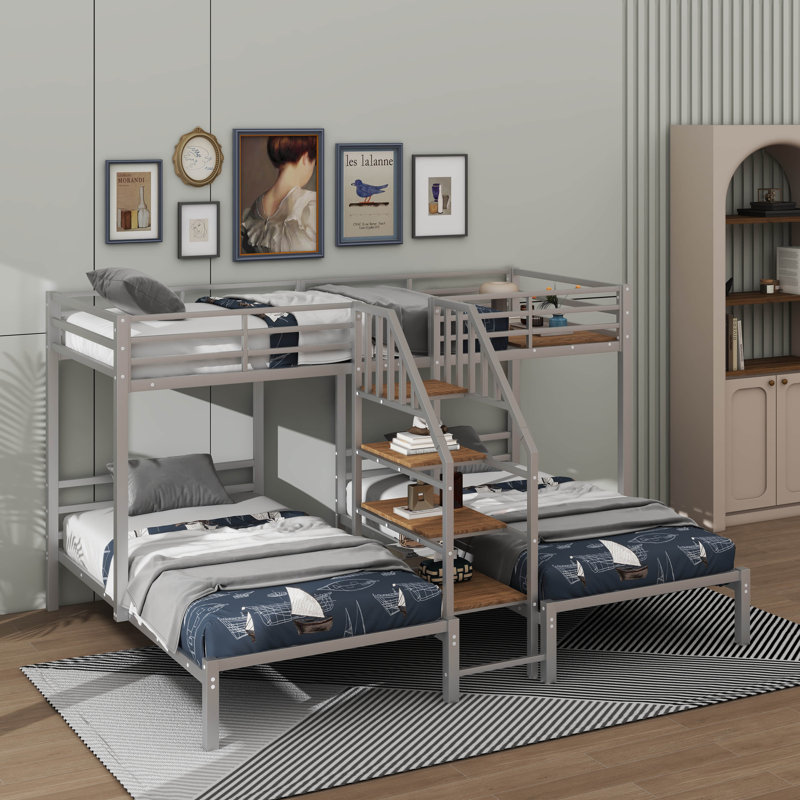 Metal Triple Bunk Bed Storage Shelves Staircase, Silver