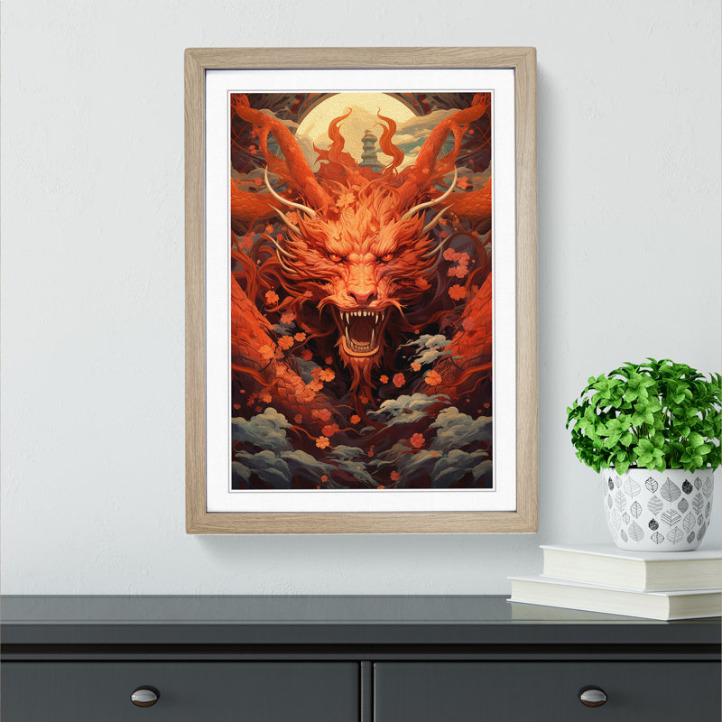 Chinese Dragon Futurism - Single Picture Frame Print on Wood, 34cm H x 25cm W x 2cm D, Oak Framed