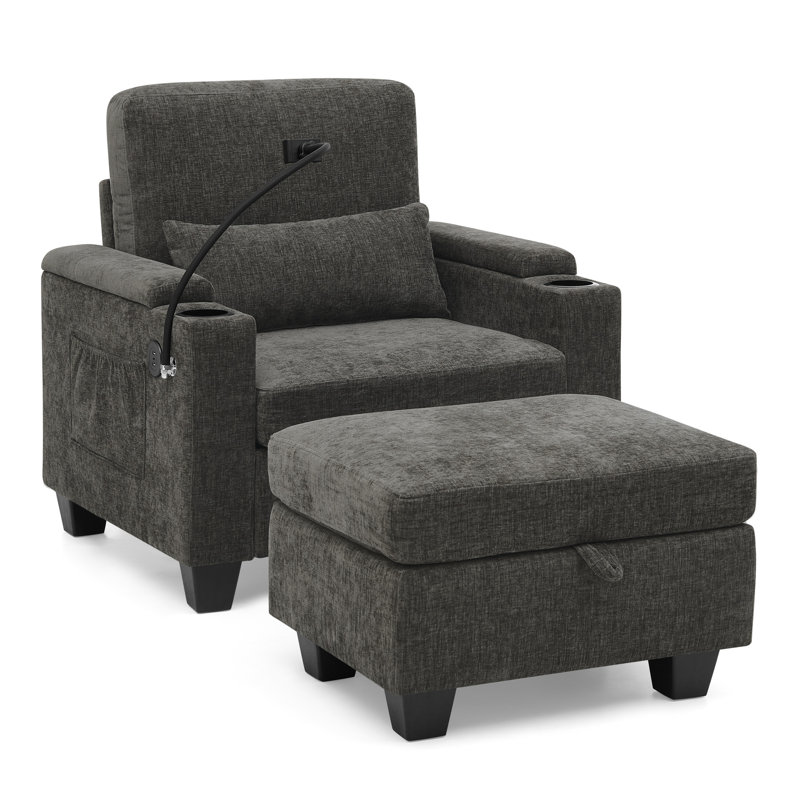 Fauteuil inclinable simple gris avec réglage manuel, charge, support pour téléphone et rangement des accoudoirs cachés sur l'accoudoir, inclus, pour une détente confortable