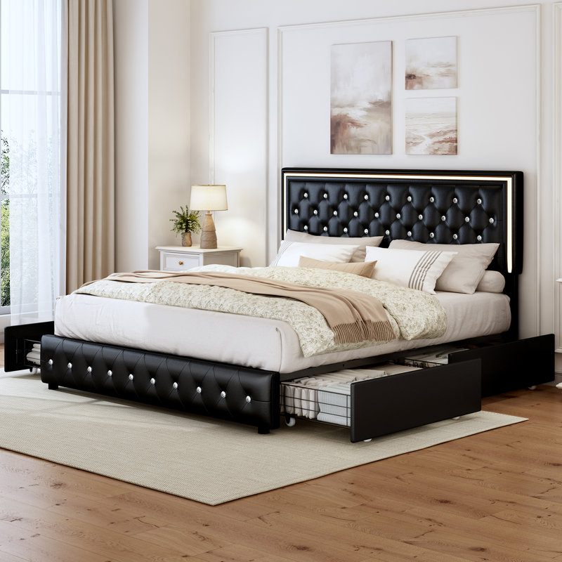 LED Bed Frame with 4 Storage Drawers, Adjustable Height Upholstered Headboard Beds, Full, Noir pure