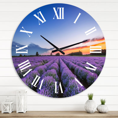 Sunrise & Dramatic Clouds Over Lavender Field I - Farmhouse Wall Clock