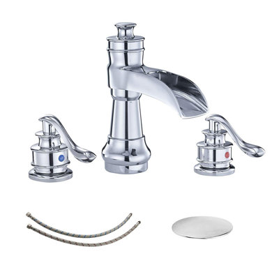 Deluge Waterfall Polished Chrome Widespread 3-Hole, 2-Handle Bathroom Sink Faucet With Drain Assembly