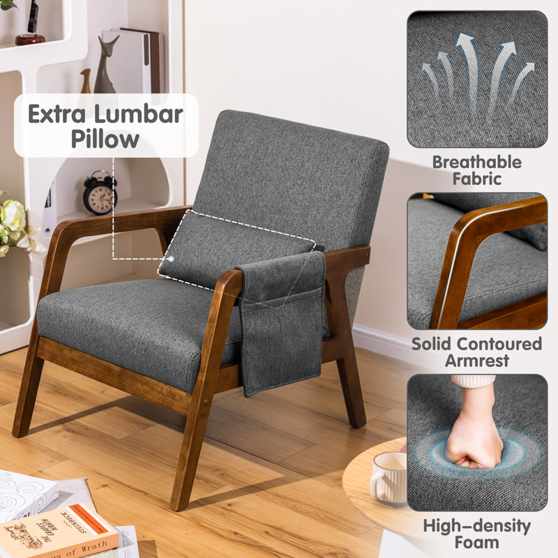 SOGO 26'' Modern Accent Chair, Linen Fabric Arm Chair with Wood Frame and Pillow, Upholstered Armchair Comfort Reading Chair Lounge Chair for Living Room Bedroom