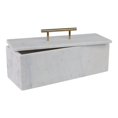 Decorative Rectangular Marble Box With Metal Handle For Home Decor - Marble Storage Organizer With Lid For Jewellery And Keepsake Decor - 16", White