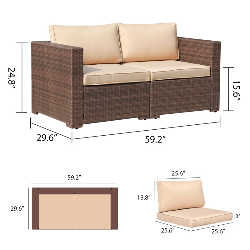 Gerdt 59.2'' Wide Wicker Loveseat with Cushions, Beige Cushion/Brown Frame