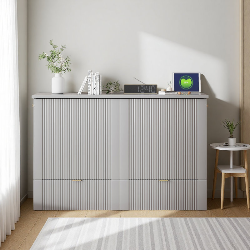 Lit escamotable avec tiroir et ensemble de prises et ports USB, structure de poulie, Lit double, Gris