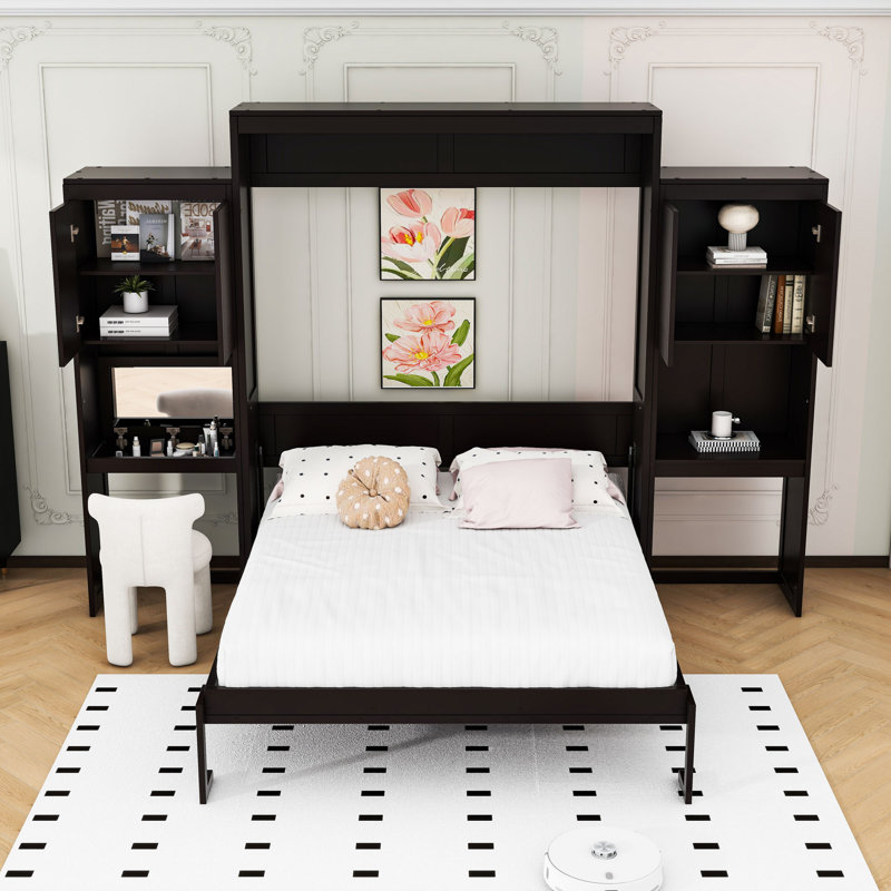 Grand lit escamotable avec bureau et armoires, Espresso