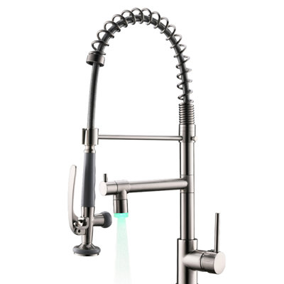 Led Pull Down Kitchen Faucet In Brushed Nickel - Single Handle, All Brass, 360 Degree Swivel, Corrosion , Hot And Cold With Rotation, Water Supply,